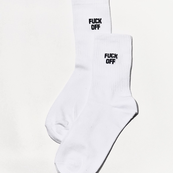 UNISEX "F*CK OFF" Solid White Calf Crew Socks - Picture 1 of 5